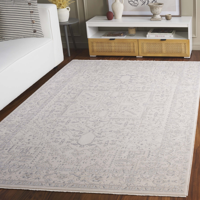 Tapis oriental gris en polyester / ivoire tissé à la machine, Rectangle de 5 pi x 8 pi