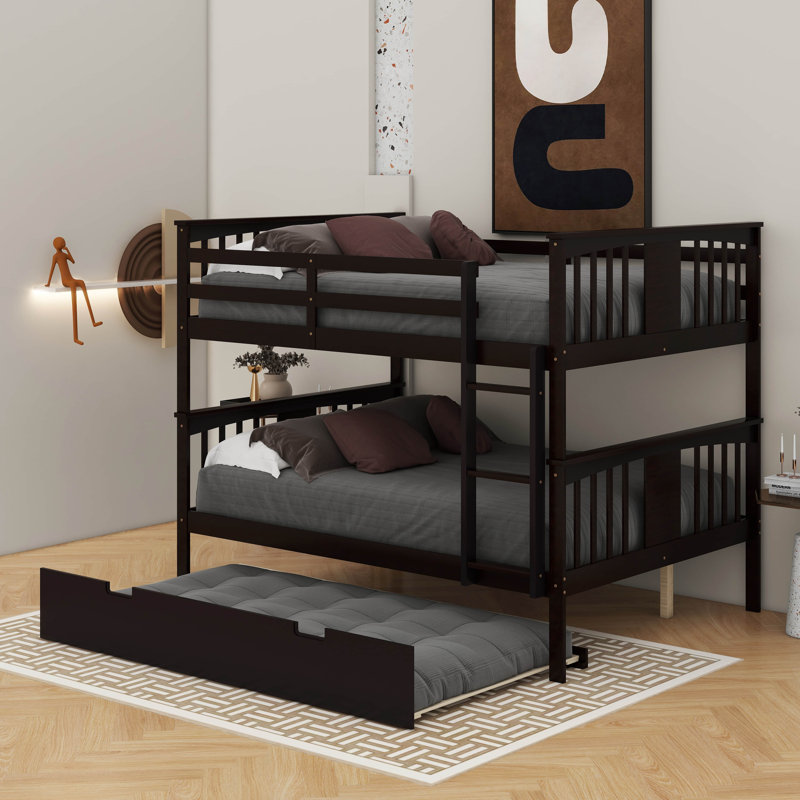Lit double superposé au-dessus d'un lit double avec lit gigogne simple et échelle, Espresso