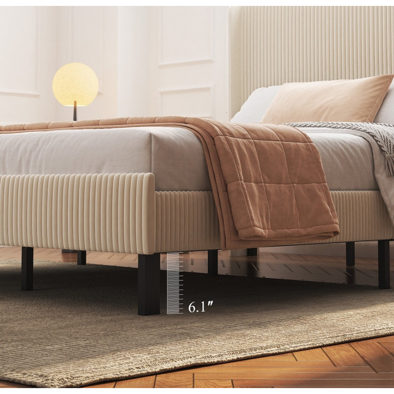 Full Size Beige Metal Platform Bed - Modern Design with Integrated Charging Station | Noise-Free Structure, No Box Spring Required, Sturdy & Stylish