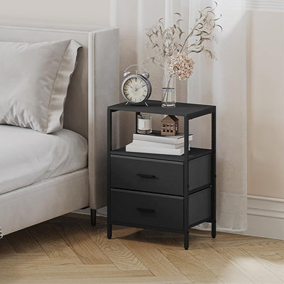 Bedside Table Set of 2, Side End Table with 2 Fabric Storage Drawers, Bedside Cabinet with Open Storage Shelf, Nightstand for Bedroom, Livingroom 