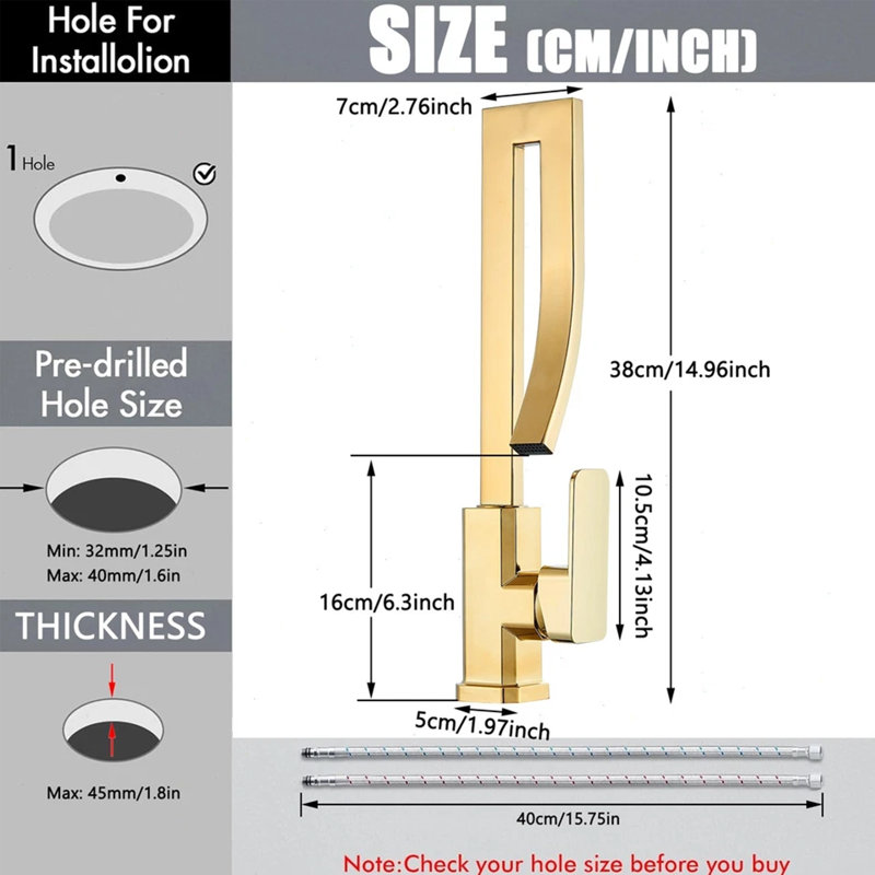 Modern Gold Single Hole Bathroom Sink Faucet Hollow Rectangular High Arc Spout Single Handle Vanity Faucet with 15.7inch Supply Lines