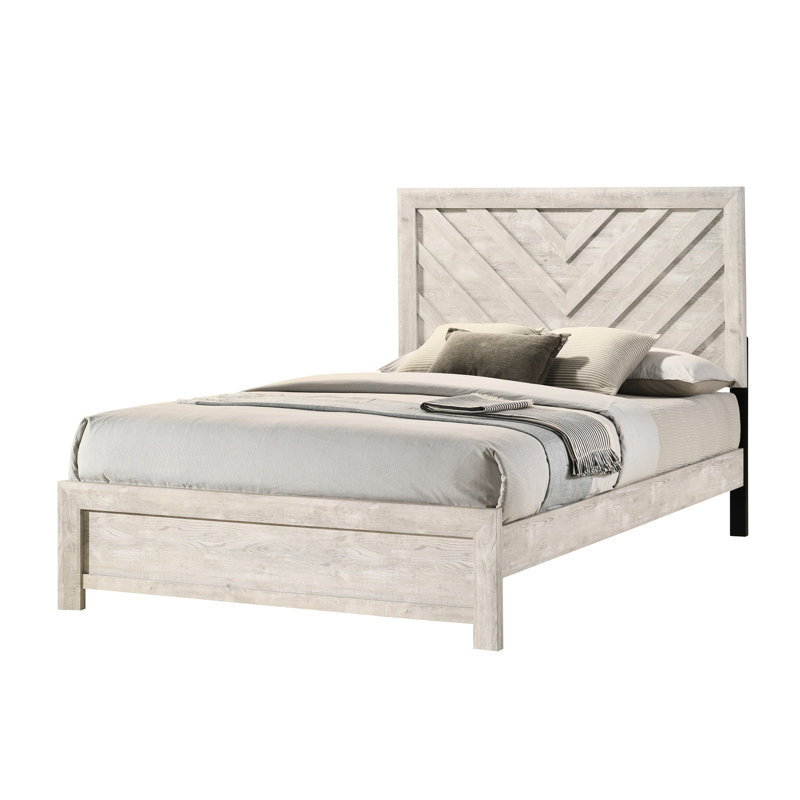 Grand lit rustique gris beige, motif de tête de lit géométrique, mobilier de chambre en bois massif, taille avec tête de lit