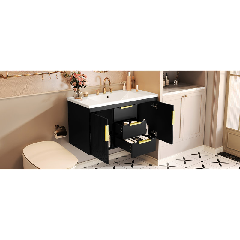 Meuble-lavabo mural 36 po avec 2 tiroirs, finition peinte imperméable, meuble-lavabo en résine de construction, espace de rangement suffisant, charnières, structure
