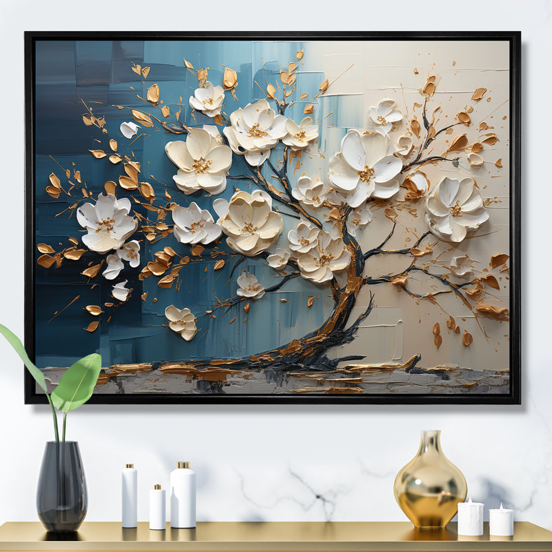 Arbre d'orchidée bleu et blanc doré de branches III - arbre, art mural, Cadre flottant noir, H 16 po x l 32 po x P 1 po
