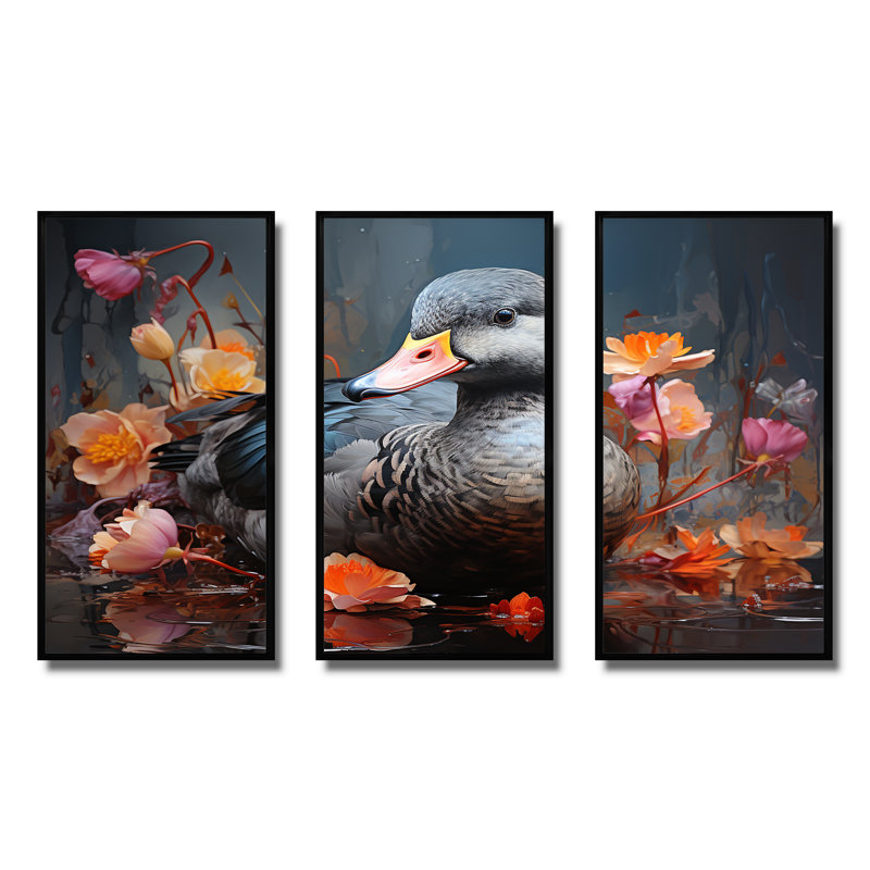 «Grey Duck», art mural canard gris, H 28 po x l 36 po, Cadre flottant noir