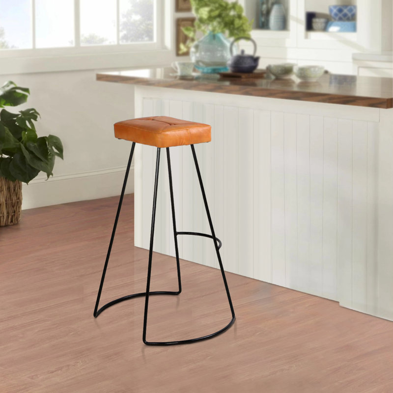 Tabouret de bar moderne de 32 pouces, siège en cuir véritable, structure en métal, capitonné