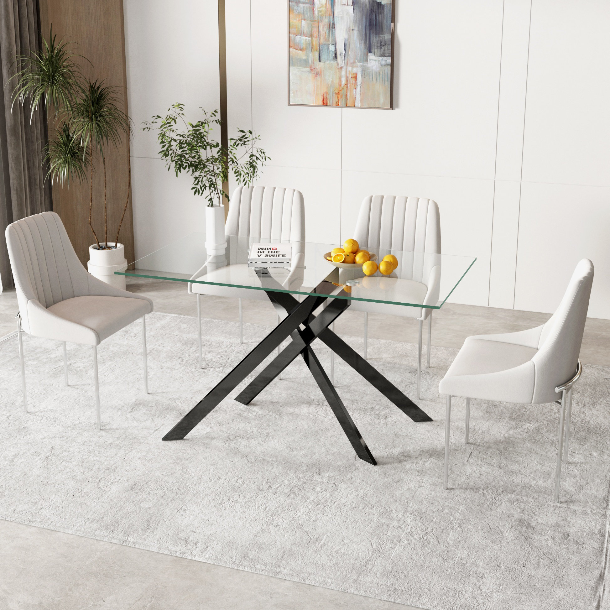 Carlinda Glass Dining Table for 4-6 People, Rectangular Kitchen Table with Cross Metal Legs, Modern Dining Table for Small Spaces