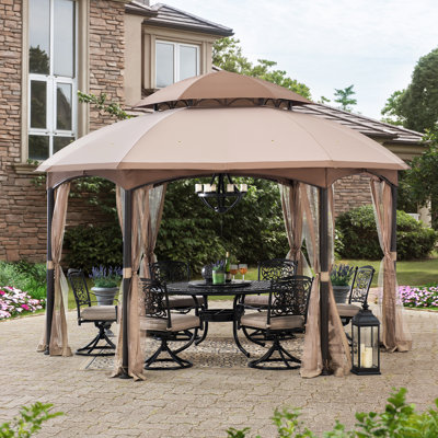 Sunjoy 13.5 ft. x 13.5 ft. Brown Steel Gazebo with 2-tier Tan and Brown Dome Canopy