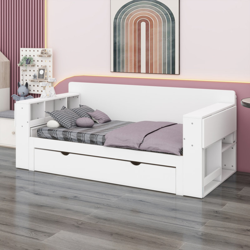 Lit de jour avec bureau amovible, tiroirs de rangement et table d'appoint hydraulique, Complet/Double, Blanc