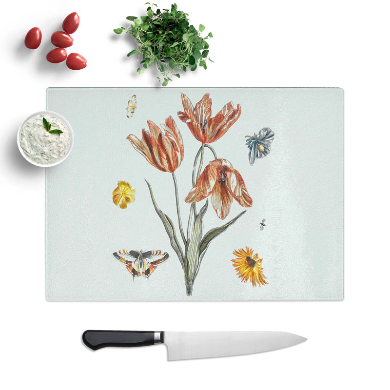 Tempered Glass Butterflies and Flower Chopping Board, 28.5 cm W x 20 cm L