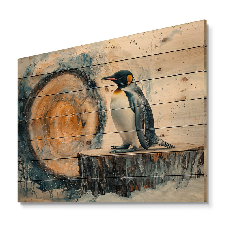 Pingouin dans un paysage d'hiver - Décoration murale en bois de pingouin - sur bois de pin naturel