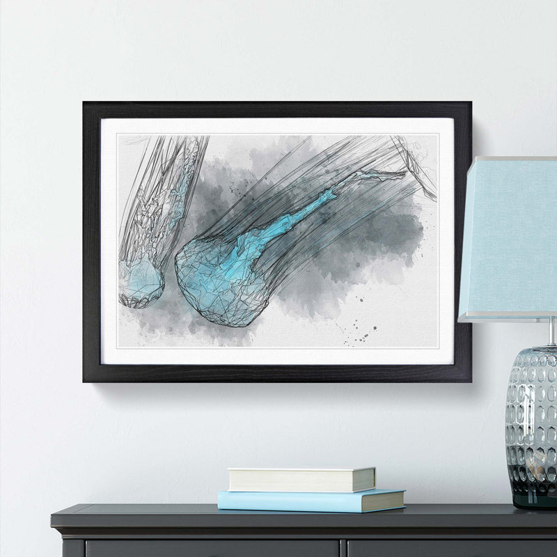 Neon Blue Jellyfish in Abstract - Framed Print, 27cm H x 36cm W x 2cm D, Black Framed