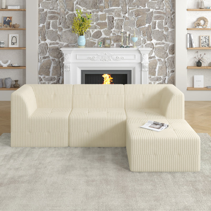 Canapé L, Velours côtelé beige