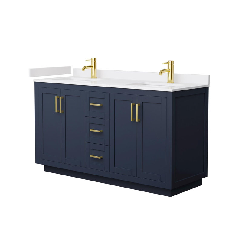 Miranda 60" Freestanding Double Bathroom Vanity with Cultured Marble Top, White Cultured Marble, Brushed Gold, Dark Blue