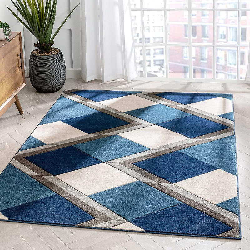 Tapis bleu à motif géométrique de losanges, Rectangle 5 pi 3 po x 7 pi 3 po