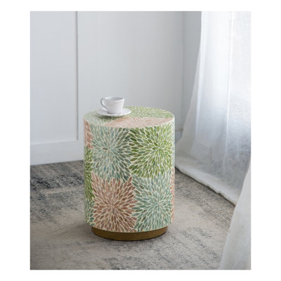 Cylindrical Garden Capiz Stool - 14x18 Inch Multi-Color Accent Side Table with Gold Base
