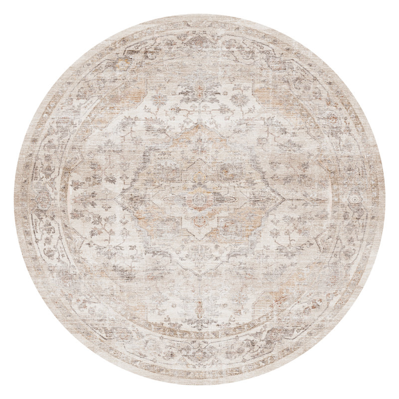 Beige Machine Washable Oriental Round Area Rug, Beige, Round 6'