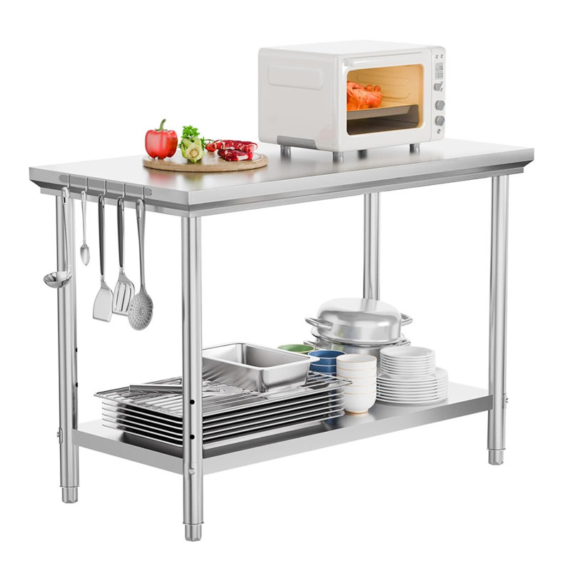 48 X 24 Inch Silver Stainless Steel Kitchen Prep Table With Hooks And Adjustable Undershelf