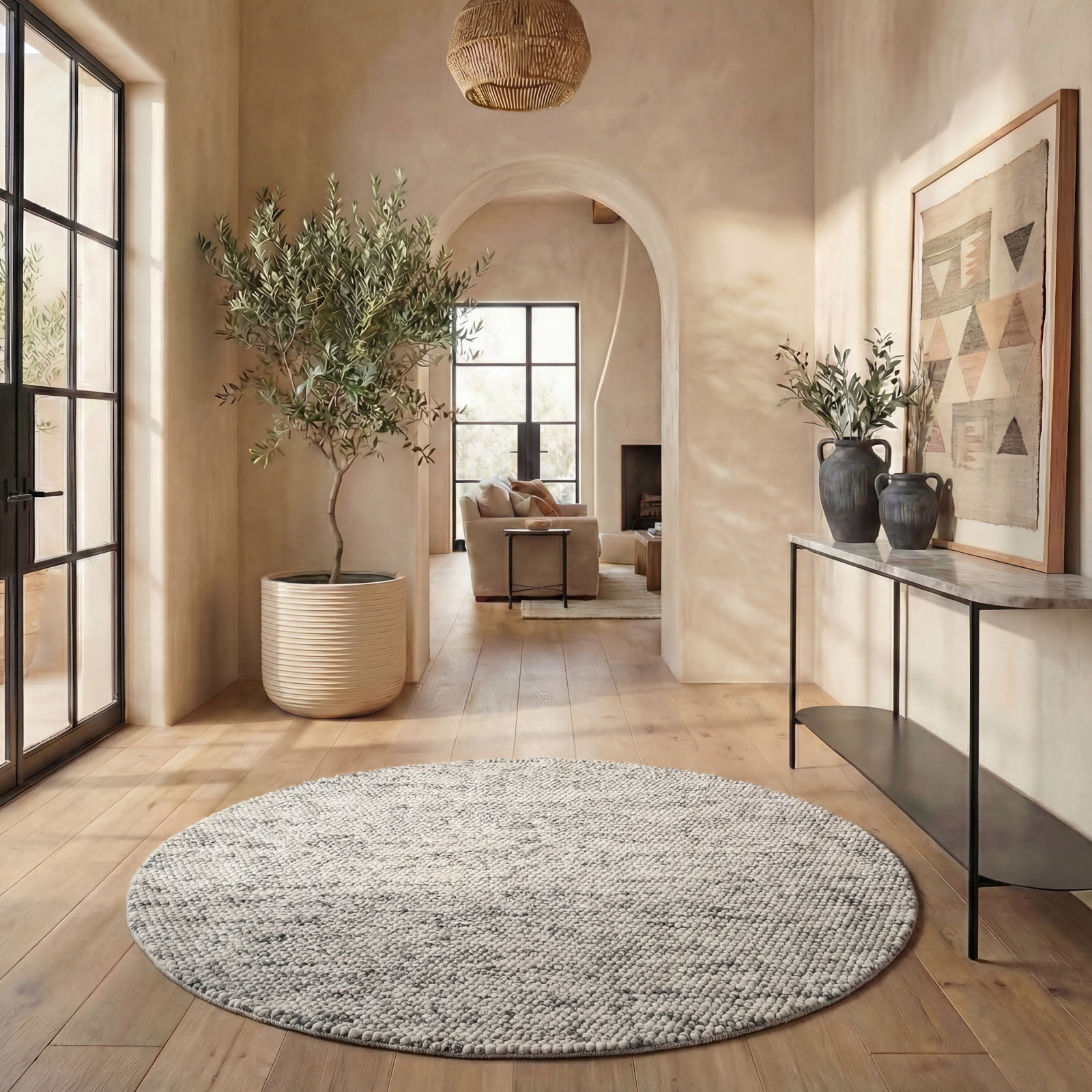 Elle Light Grey Ivory Hand-Woven Rug, Round 6'