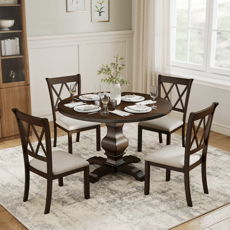  Cuthbert 5-Piece Dining Set, Pedestal Round Table With 4 Stylish Chairs, Espresso