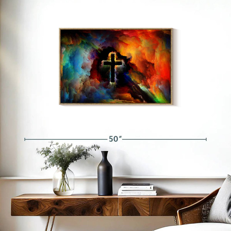 Croix colorée, Cadre flottant en bois naturel, 31 po x 21 po