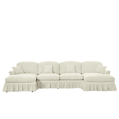 Classic Three Seater Modular L Shaped Sectional Couch with Flared Arms, Removable Ruffles Pleats Skirts, and Spindle Legs, Comfy Chenille Deep Seat Sofa with Movable Ottoman, Beige White