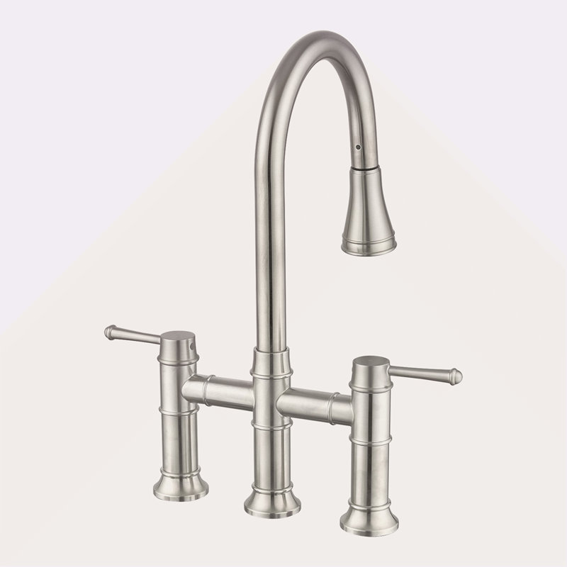 Robinet de cuisine pont à deux poignées avec douchette extractible, Nickel brossé