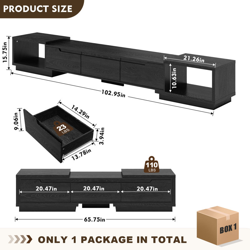 Extendable Tv Stand With Drawers, Contemporary Tv Stand With Up To 100“ Tv, Adjustable Length Entertainment Center, Modern Media Console For Living Room, Black (Extendable: 65.75 ”W - 102.95 "W)