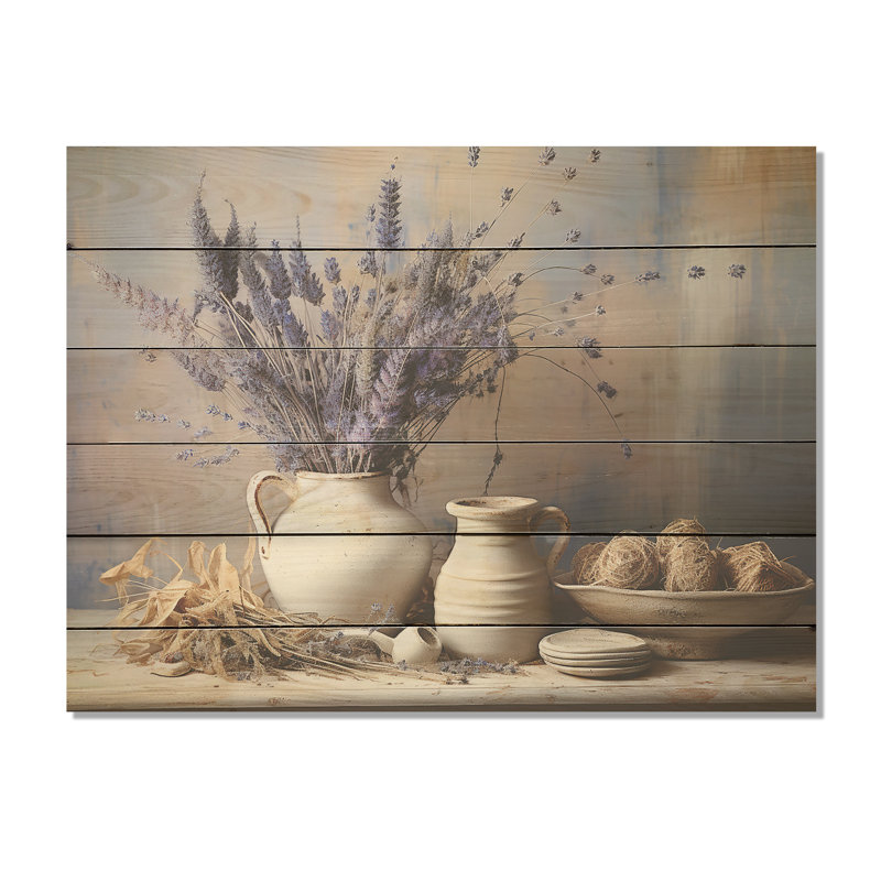 Lavender Farmhouse Still Life - Herbs Wood Wall Art On Natural Pine Wood, 30" H x 40" W