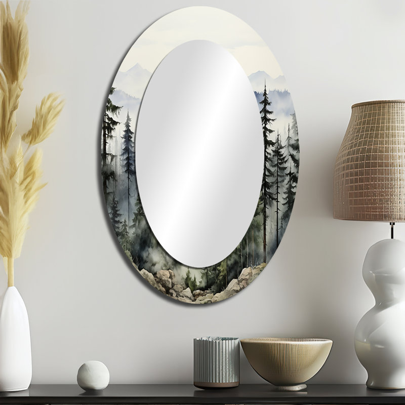 Pin Misty Mountain I - grand miroir mural ovale sur métal, 36 po x 24 po