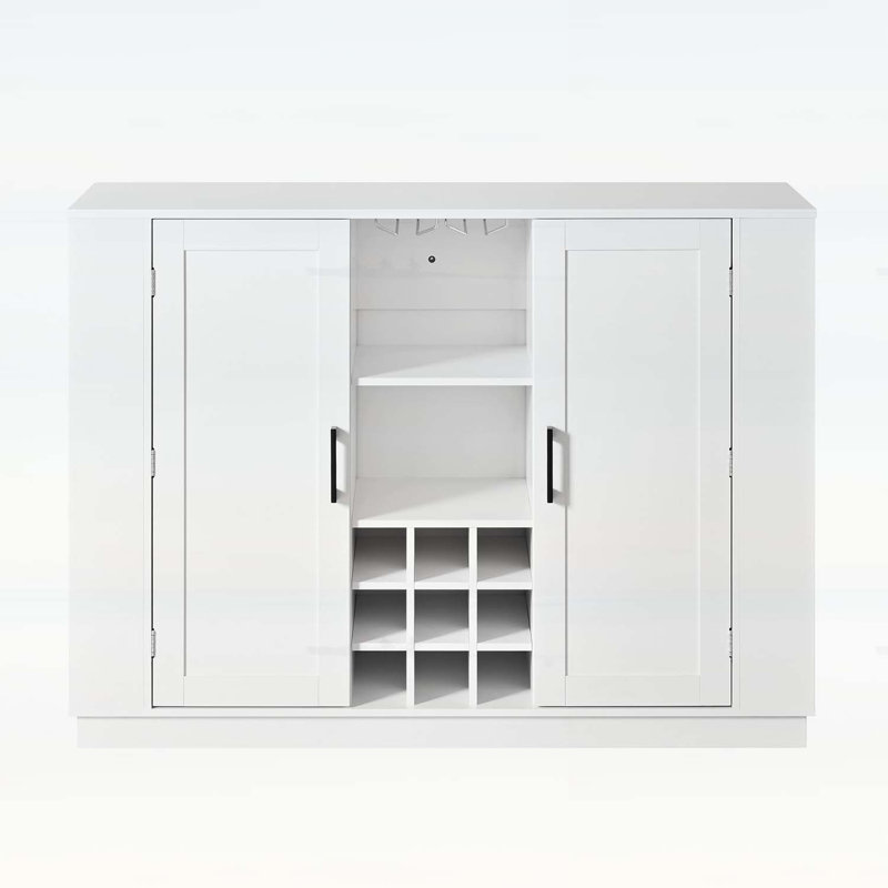 Armoire à vin avec porte-bouteilles et porte-verres, avec abattant, prise de courant et support à vin, Blanc