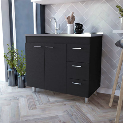 Armoire de cuisine noire à 2 portes et 3 tiroirs