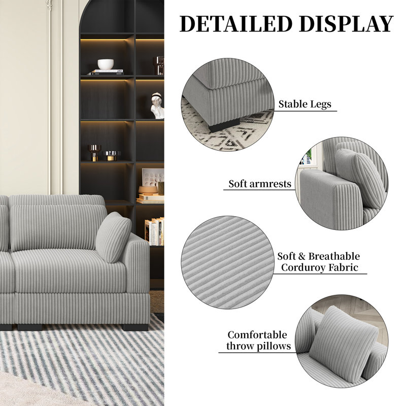 130'' Upholstered Sectional, U-Shaped Modular Sofa, Gray Corduroy