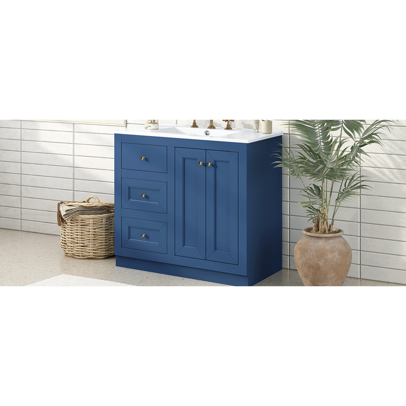 Meuble-lavabo de 36 pouces avec lavabo en céramique, armoire de rangement pour salle de bain avec 2 tiroirs et tablette, bois massif et panneau de fibres à densité moyenne