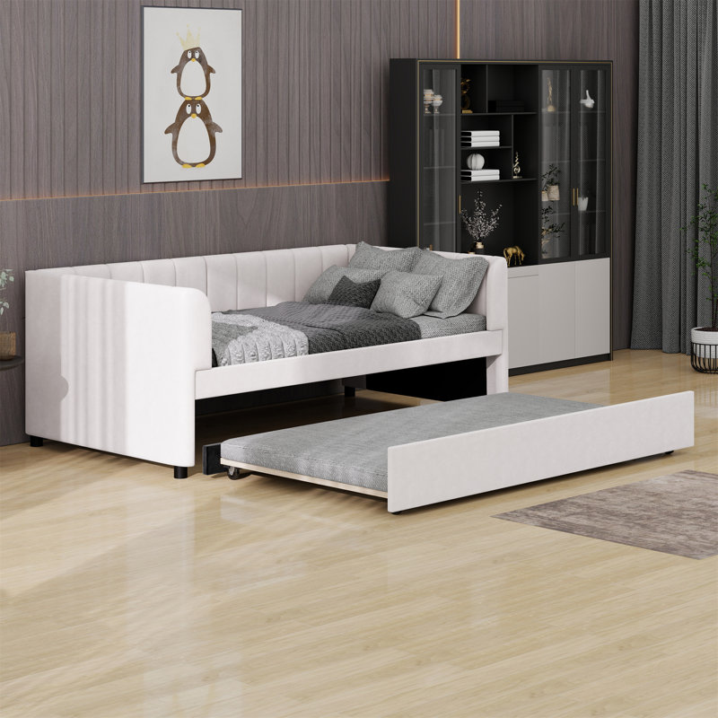 Lit de jour rembourré avec dossier ergonomique et lit gigogne, Beige