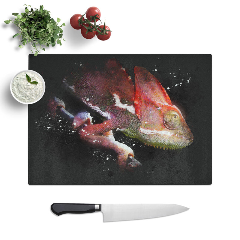 Tempered Glass Red Chameleon Lizard Chopping Board, 28.5 cm x 39 cm