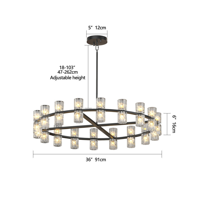 Modern Black Crystal Chandelier - 36 Inch Double Ring LED Ceiling Light Fixture for Dining Room, Living Room & Bedroom Decor
