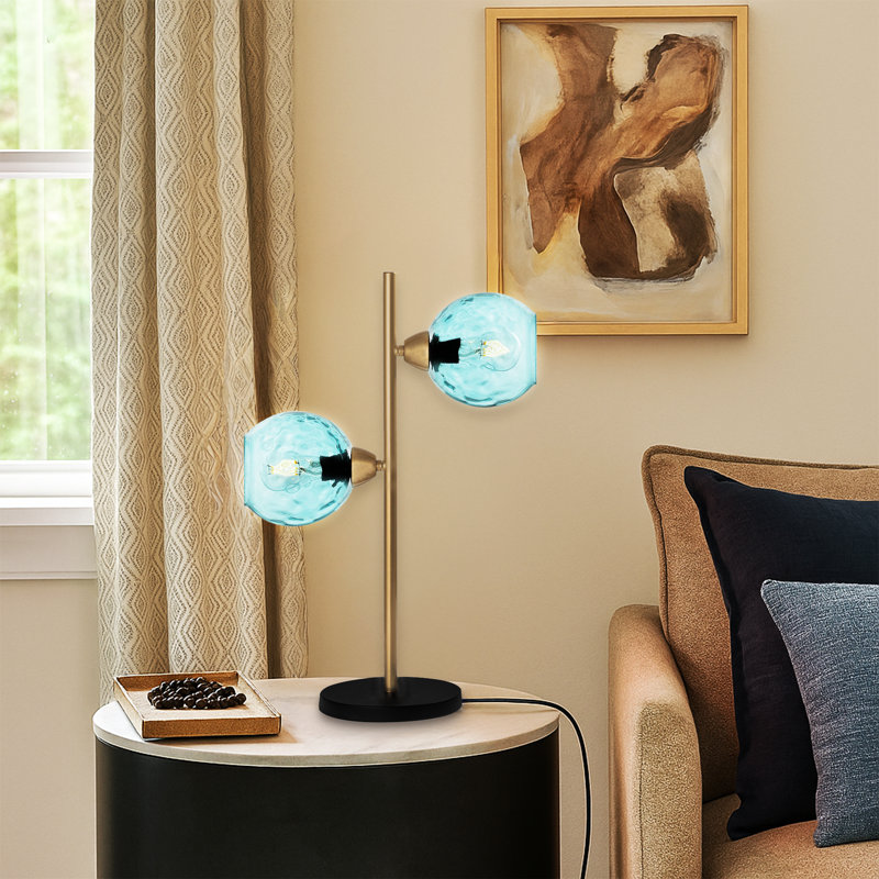 Lampe de table à culot en verre 2 lumières avec base en métal noir - Double lumière moderne, Bleu, Noir et or