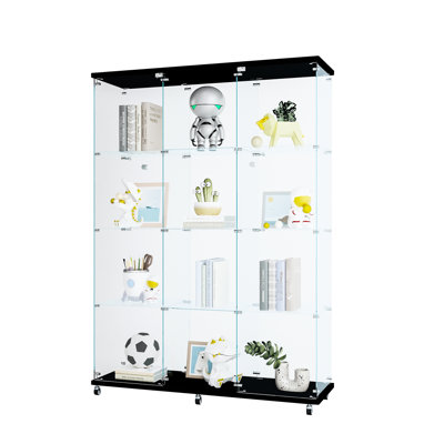 Large Glass Display Cabinet With 4 Shelves In Black For Living Room, Offers Sufficient Space Action Figures, Wine, Whisky, 5Mm Tempered Glass, Solid Structure, Metal Cord Lock Shelf