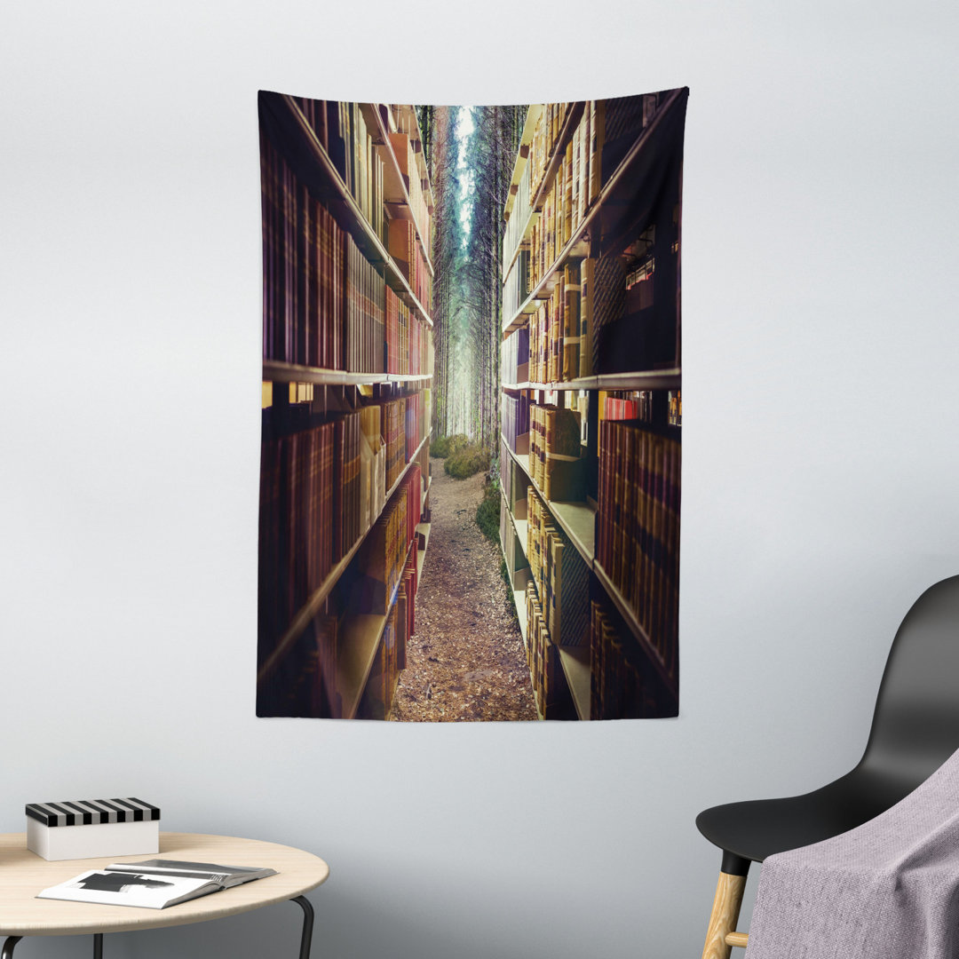 Wandbehang Digitale Illustration von abstraktem Design Bibliothek im Wald Akademisches Thema