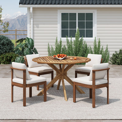 Belara Patio 5-Piece Acacia Wood Dining Set With Cushions & Slatted Tabletop