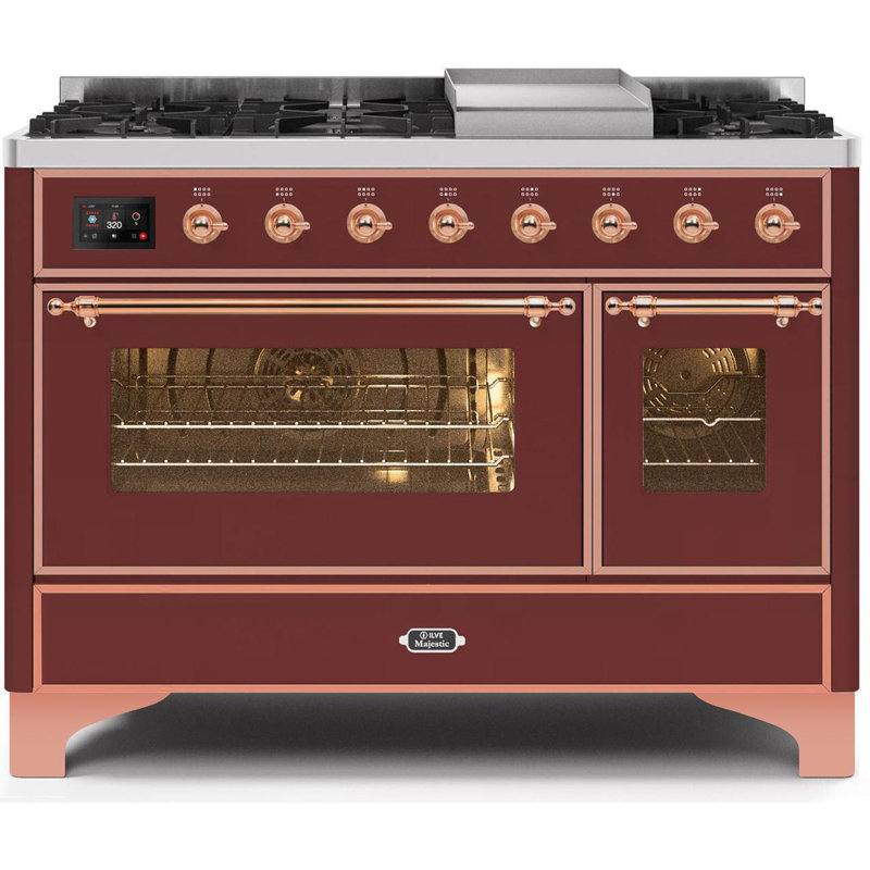 ILVE Majestic II Series 48 inch Dual Fuel Range with 8 Sealed Burners, Griddle (Glass Door), Natural Gas, Burgundy/Copper
