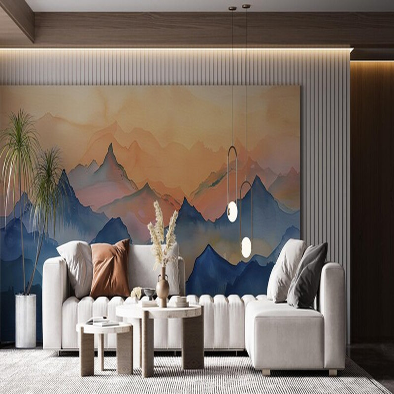 Soft Blue Sunset Mountain Landscape Wall Mural, 108" L x 192" W
