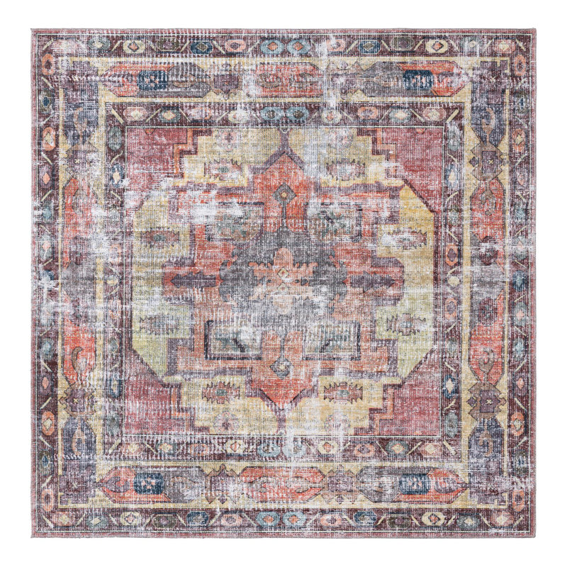 Heffron Performance Yellow/Pink Machine Washable Rug, Square 7'10" x 7'10"