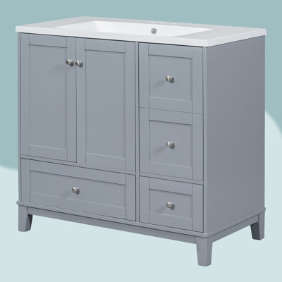 Meuble-lavabo moderne 36 po avec charge USB, deux portes et trois tiroirs Lateesha (robinets non inclus)
