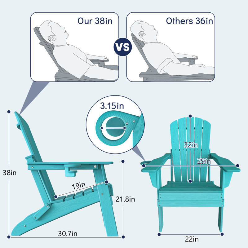 Folding Adirondack Chair, Wood Texture, Cup Holder, All-Weather HDPE for Poolside/Lawn, Aruba Blue, Aruba Blue