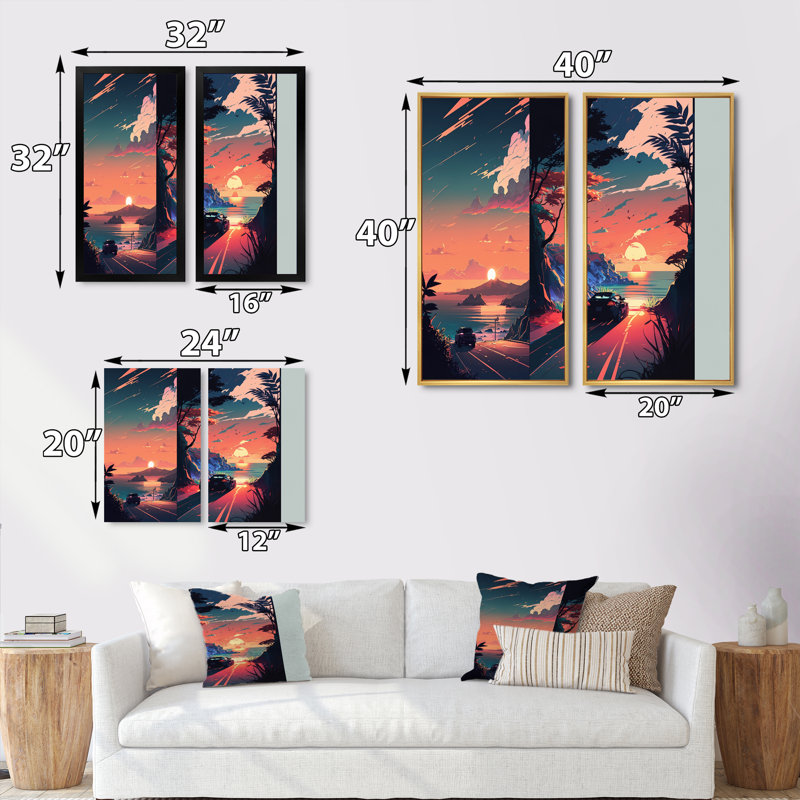 «Road To The Sunset», 2 pièces sur toile, Cadre blanc, H 40 po x l 40 po