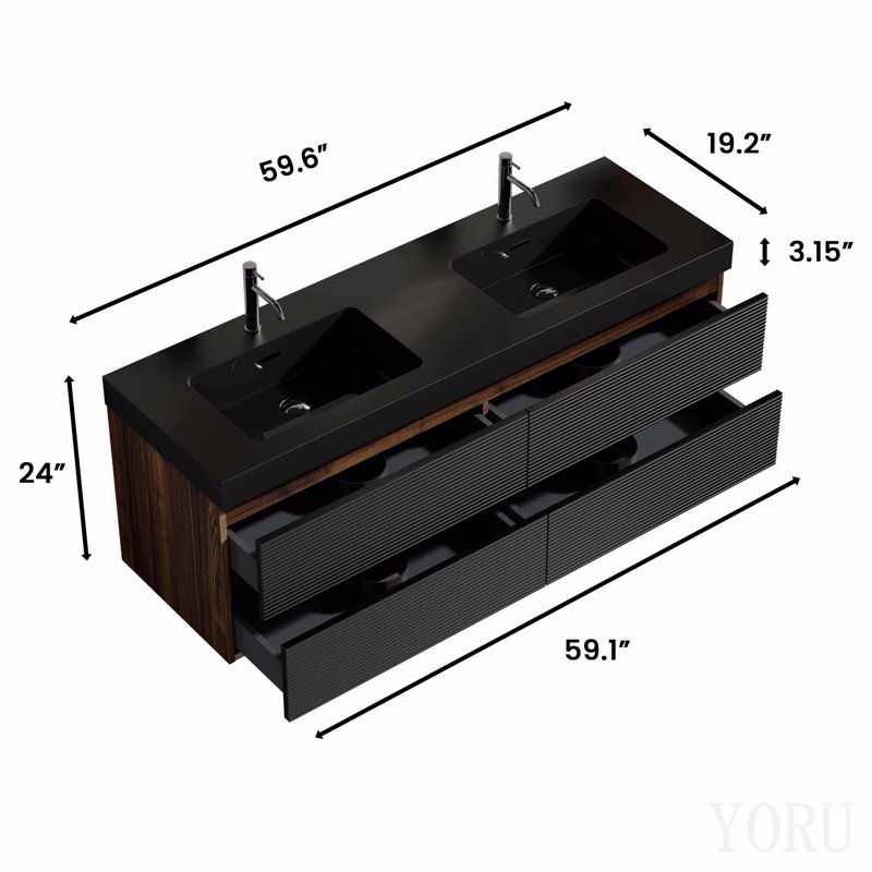 Meuble-lavabo suspendu en noyer de 152 cm (60 po) avec lavabo en surface solide noir mat et tiroirs noirs doux, sans bonde ni robinetterie, préassemblé.
