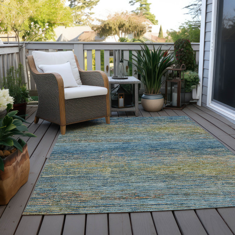 Denim Blue Synthetic Flat Woven Washable Striped Rug 46" x 30"