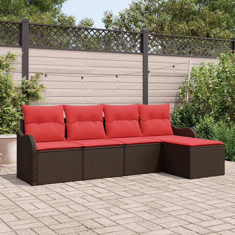 vidaXL Garden Sofa Set Brown Poly Rattan, Brown Frame/Red Cushion